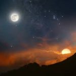 An image of the moon on the top left and the sun on the bottom right.