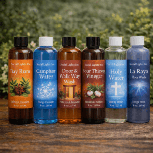 Spiritual Waters and Washes on a wooden surface.