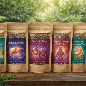 image of Social Lights Inc. Anxiety Calming Tea, Detox Liver Tea, Detox Kidney Tea, Organic Cramp (PMS) Tea, Stomach Soothing Tea, Womb Cleansing Tea wood background with greenery in the background