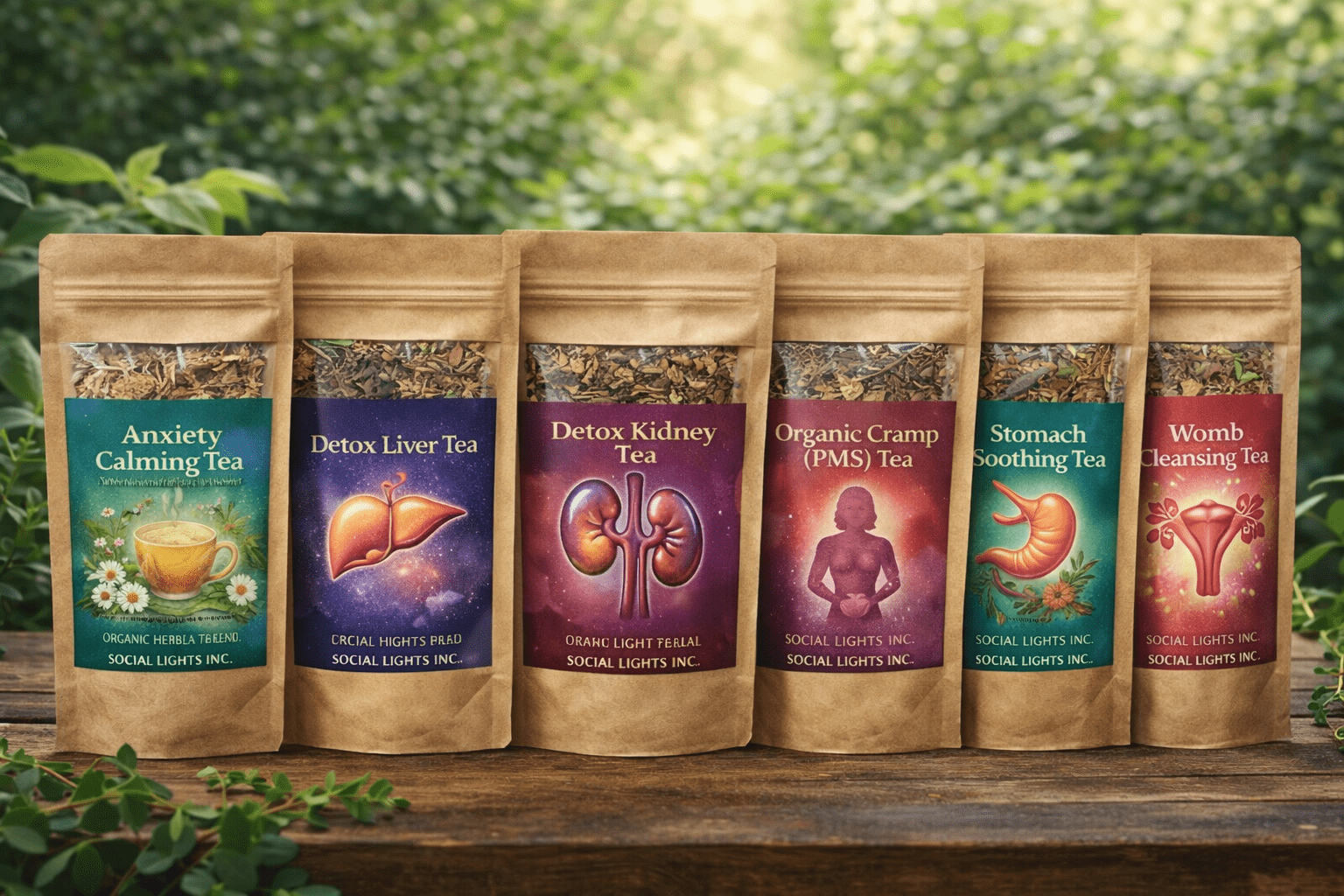 image of Social Lights Inc. Anxiety Calming Tea, Detox Liver Tea, Detox Kidney Tea, Organic Cramp (PMS) Tea, Stomach Soothing Tea, Womb Cleansing Tea wood background with greenery in the background