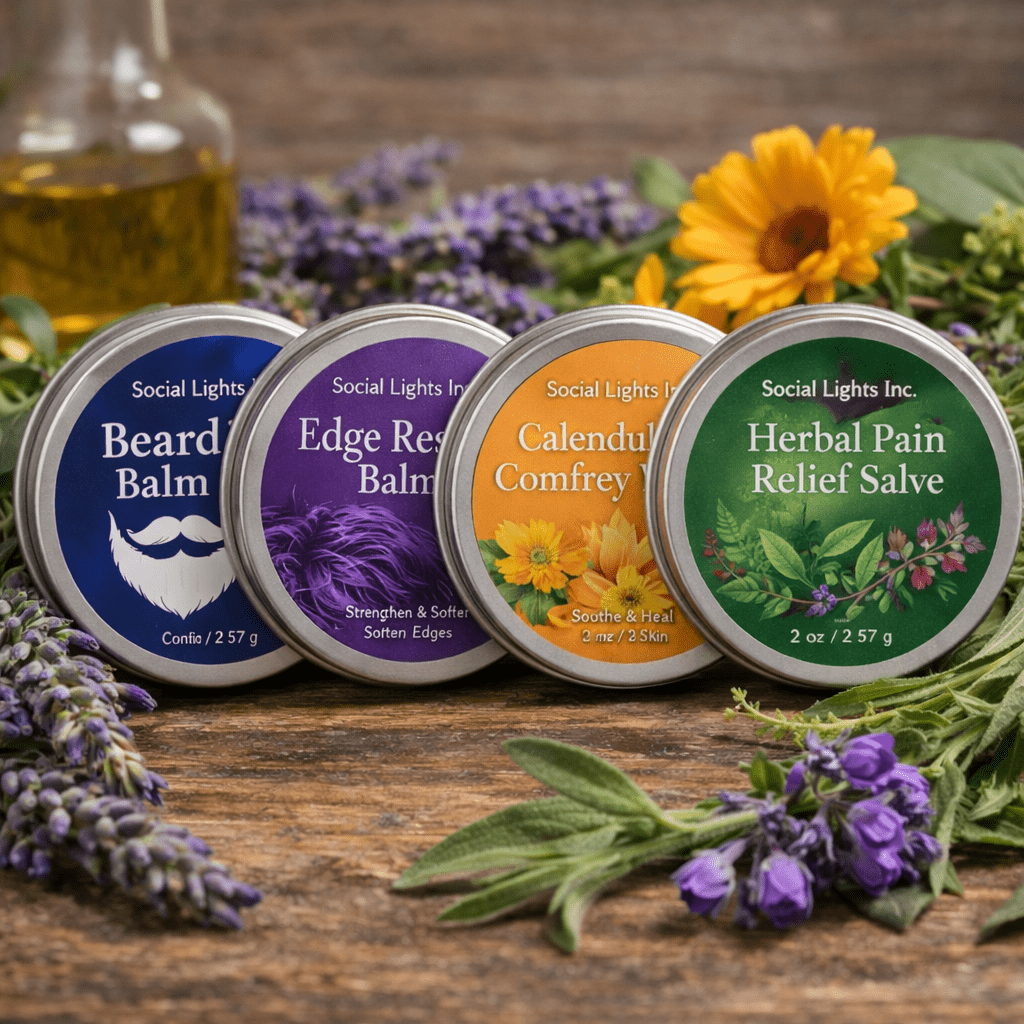 4 Balms/Salves: Beard Balm, Calendula and Comfrey, Edge Restore, Herbal Pain Relief.