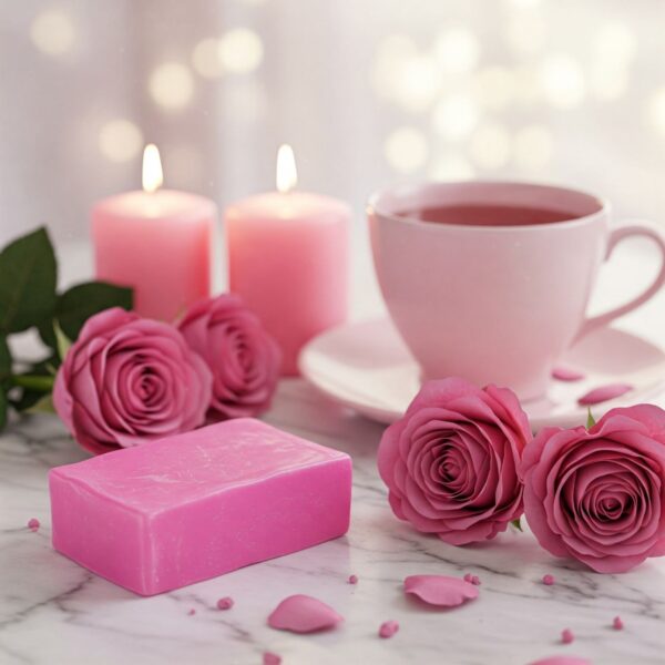 An image of a cup of tea, pink soap, pink roses, two pink candles on a quartz counter.