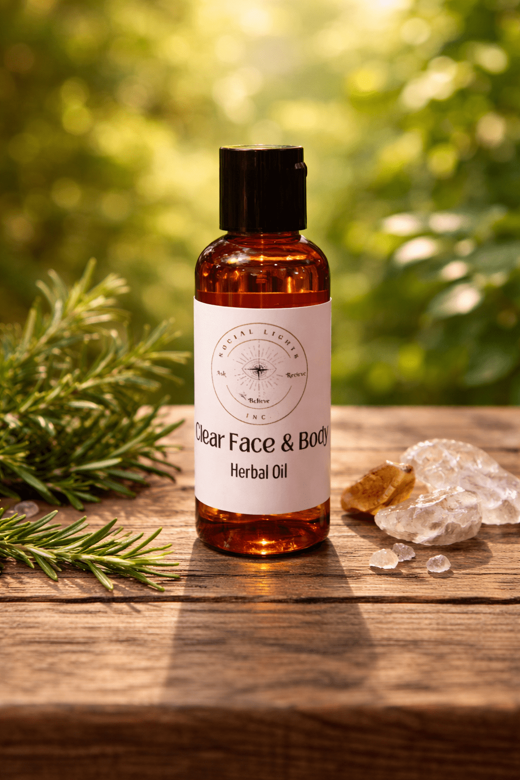 A picture of Clear Face and Body Oil in a flip top container.