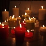 Lit red and white pillar candles