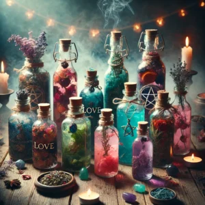 A collection of bottled spiritual baths, tea lights, tumbled crystals. Fairy lights in the background, dried herbs; a star anise and pillar candles behind the bottles