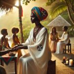 A picture of a spiritual reader with clients waiting for her on a Caribbean beach with a small altar in the background.