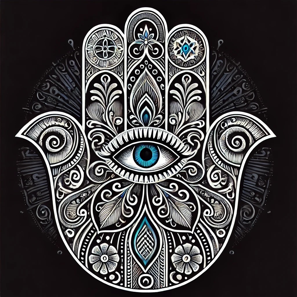 A detailed illustration of the Hand of Fatima (Hamsa) in black, white, and blue, featuring intricate patterns and designs. The symbol is set against a black background.