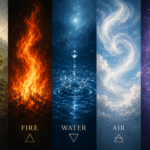 A paneled pic of five elements: Earth, Fire, Water, Air, Spirit