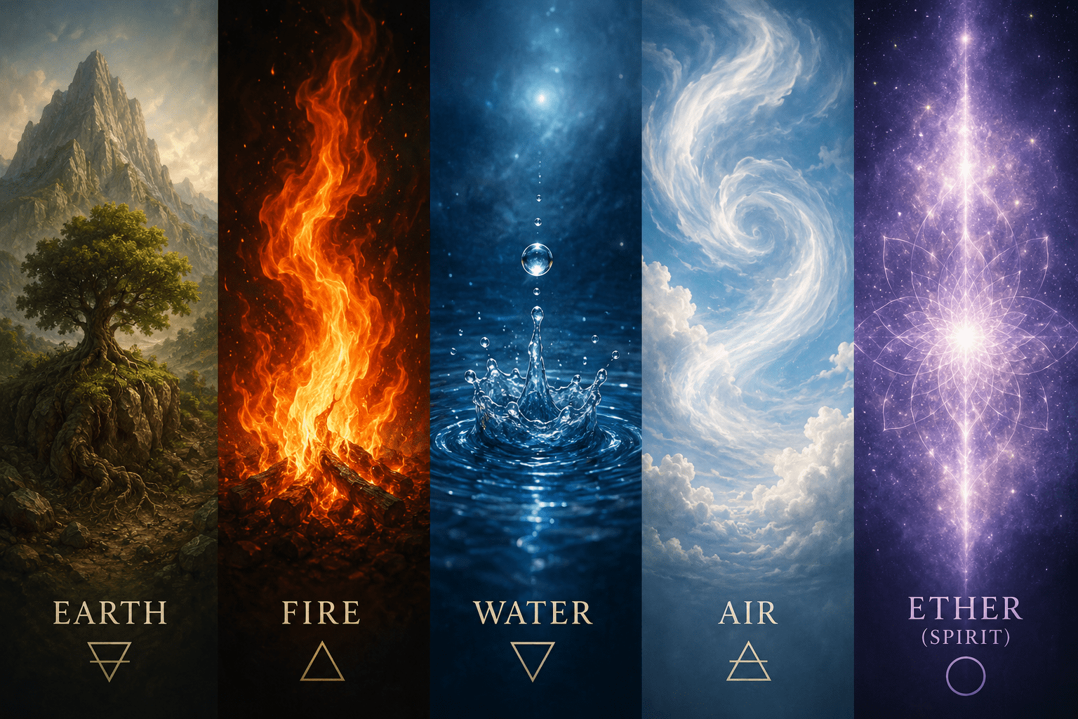 A paneled pic of five elements: Earth, Fire, Water, Air, Spirit