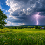 A bright summer thunderstorm breaking over a still green field, with a single flash of lightning.