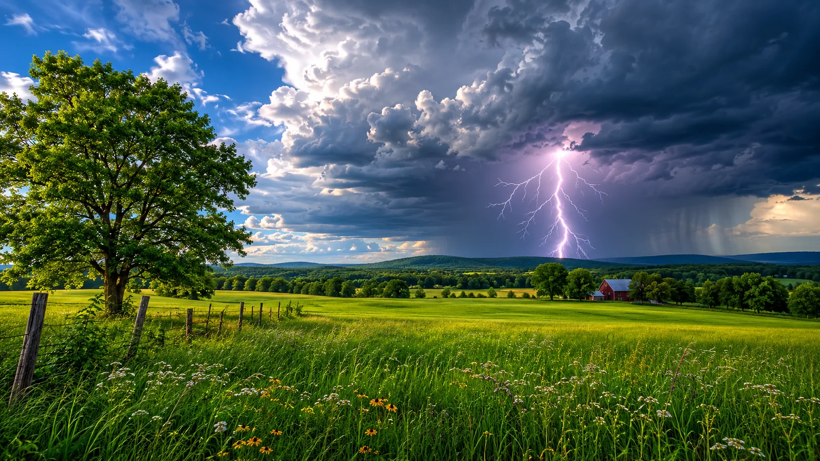 A bright summer thunderstorm breaking over a still green field, with a single flash of lightning.