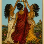 Rider-Waite-Smith deck, three black girls with dark-golden skin dance in a circle, raising their golden chalices in a toast. It's a scene of pure, unadulterated celebration.
