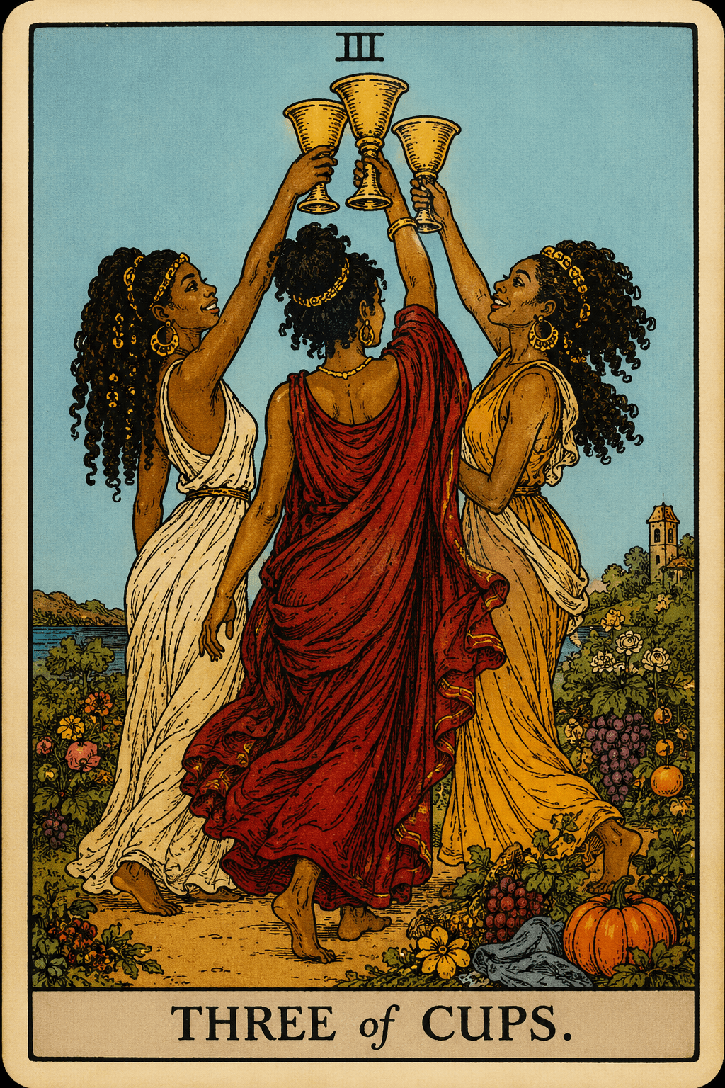 Rider-Waite-Smith deck, three black girls with dark-golden skin dance in a circle, raising their golden chalices in a toast. It's a scene of pure, unadulterated celebration.